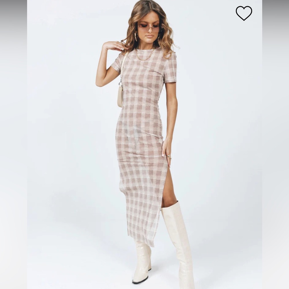 NWT Lioness Mayfair Midi dress beige plaid sheer mesh with slits